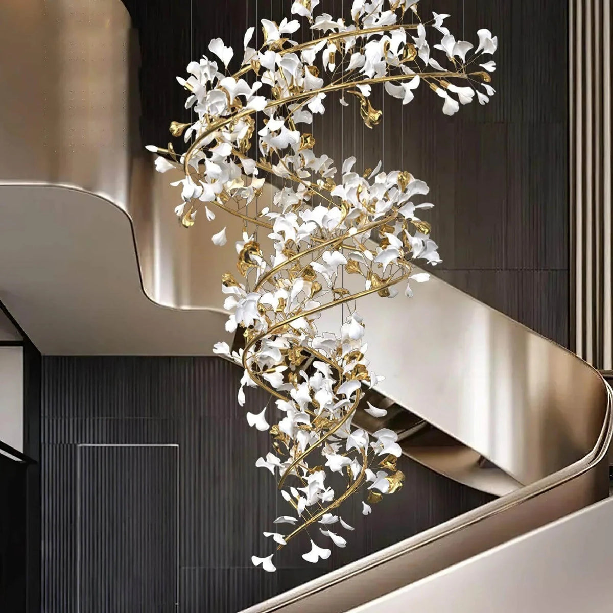 Modern Spiral Ginkgo Leaf Staircase Chandelier light fixture by AUVIELIGHT, ∅ 47.2″ x H 118.1″ / White & Gold