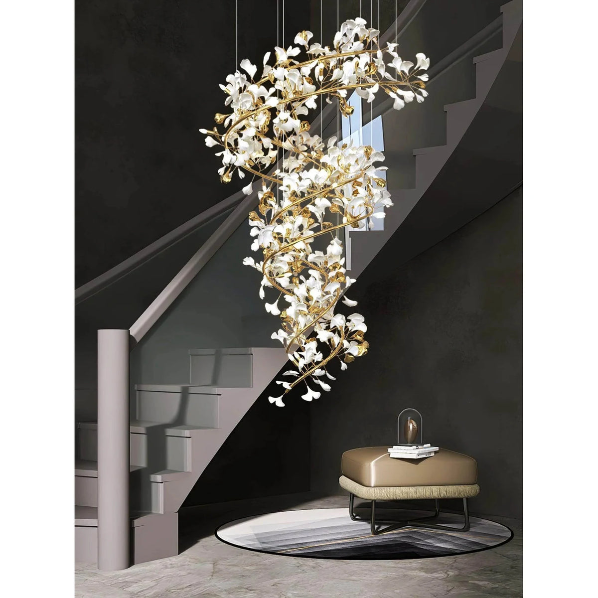 Modern Spiral Ginkgo Leaf Staircase Chandelier light fixture by AUVIELIGHT