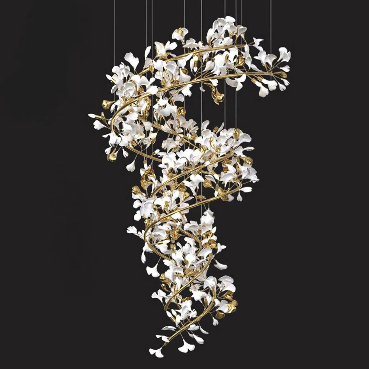 Modern Spiral Ginkgo Leaf Staircase Chandelier light fixture by AUVIELIGHT, ∅ 39.4″ x H 98.4″ / White & Gold