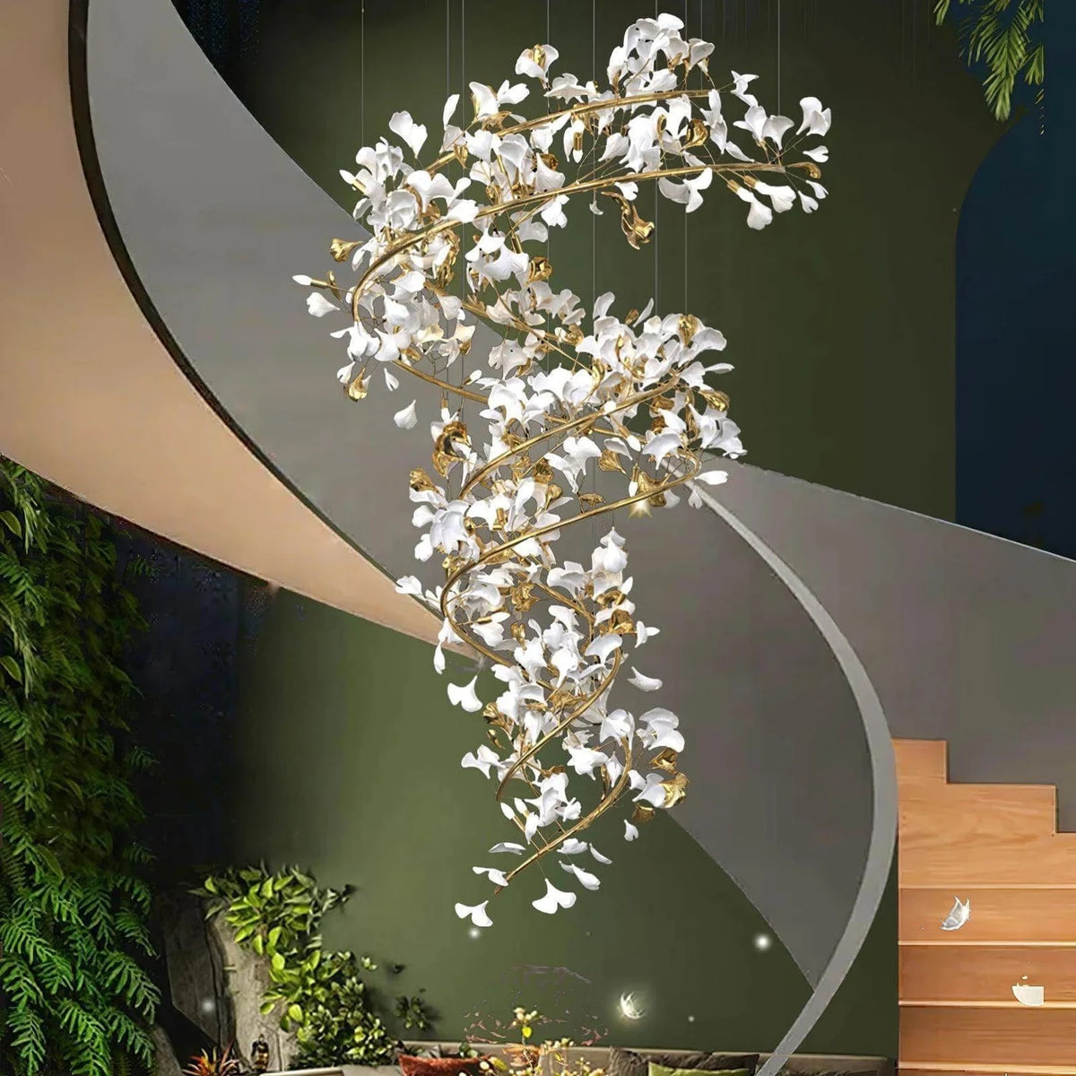 Modern Spiral Ginkgo Leaf Staircase Chandelier light fixture by AUVIELIGHT