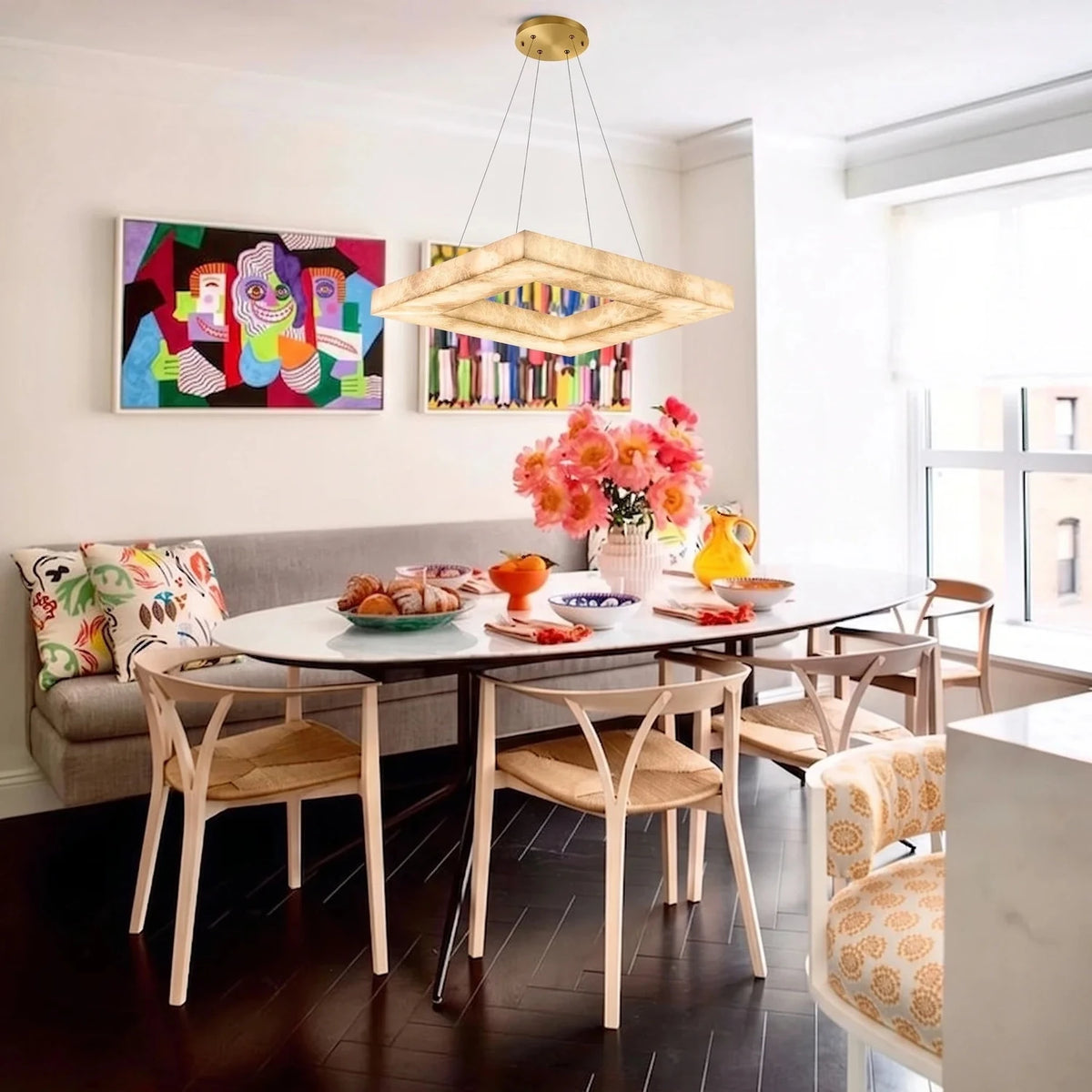 Modern Square Chandelier in alabaster for Dining Room light fixture by AUVIELIGHT