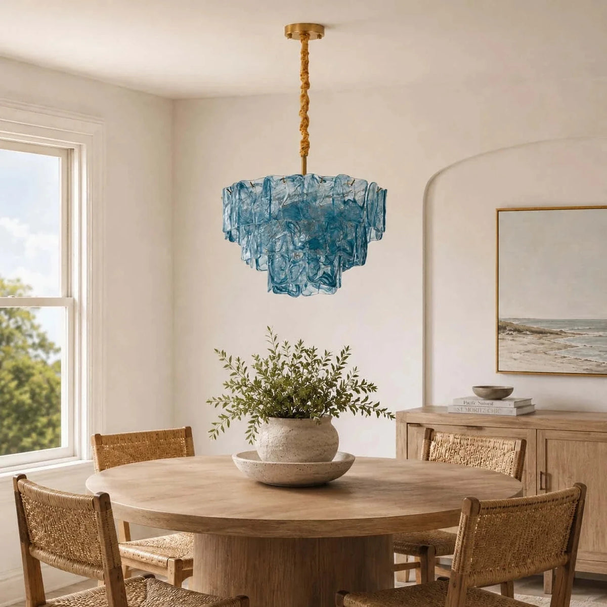 Modern Tiered Chandelier in ocean blue textured glass for Dining Room by AUVIELIGHT