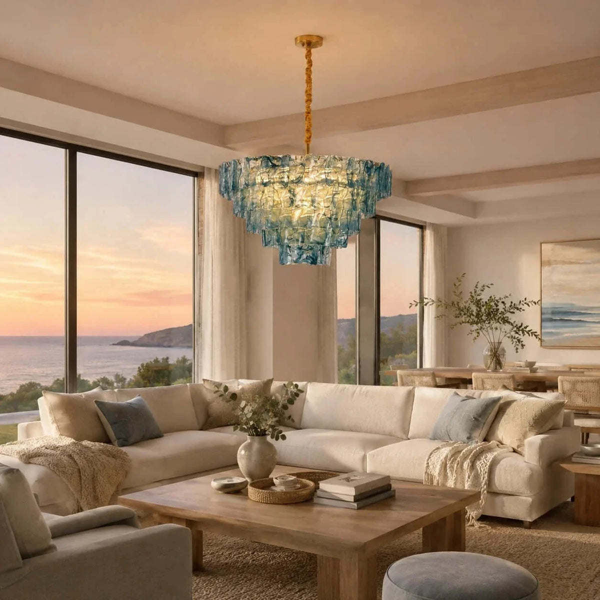 Modern Tiered Chandelier in ocean blue textured glass for Dining Room by AUVIELIGHT