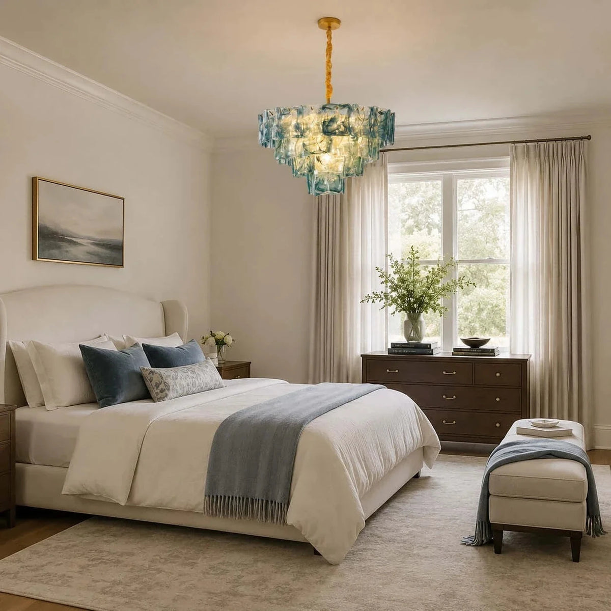 Modern Tiered Chandelier in ocean blue textured glass for Dining Room by AUVIELIGHT