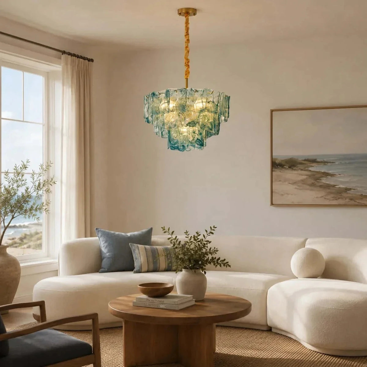 Modern Tiered Chandelier in ocean blue textured glass for Dining Room by AUVIELIGHT
