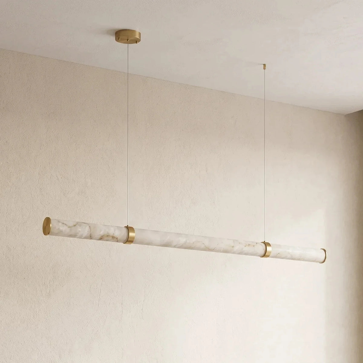 Modern Tube Pendant Light in alabaster for Kitchen Island by AUVIELIGHT, Dia 120cm x H 8cm / ∅ 47.2″ x H 3.1″ / White+Gold / Warm Light and 1