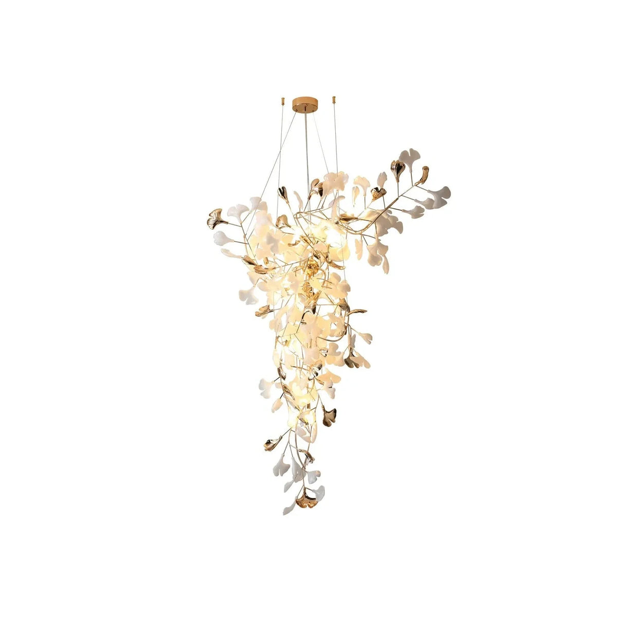 Modern Wabi-Sabi Flowing Leaf Cascading Chandelier light fixture by AUVIELIGHT, L 47.2" x W 23.6" x H 78.7" / White & Gold