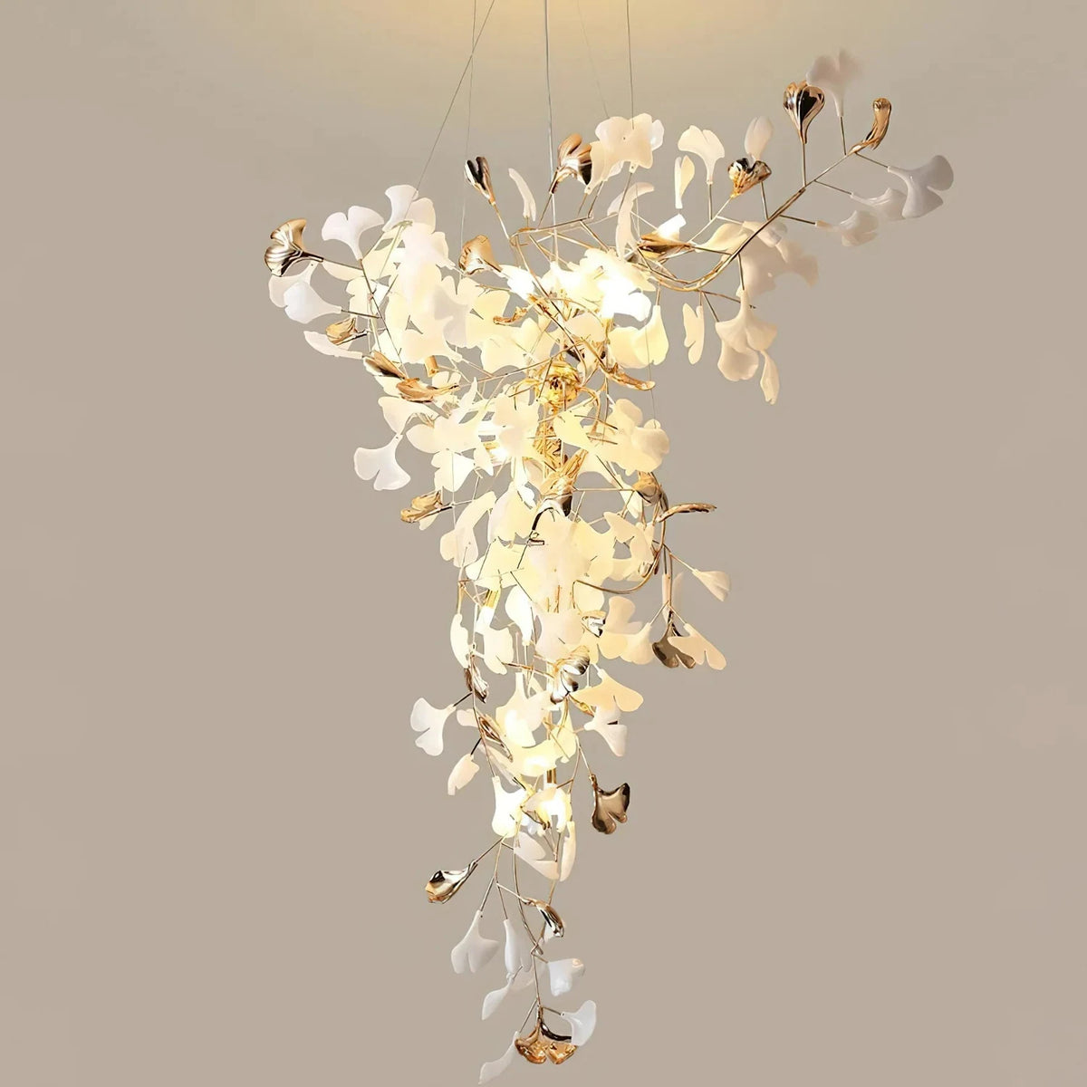 Modern Wabi-Sabi Flowing Leaf Cascading Chandelier light fixture by AUVIELIGHT, L 59.1" x W 25.6" x H 118.1" / White & Gold