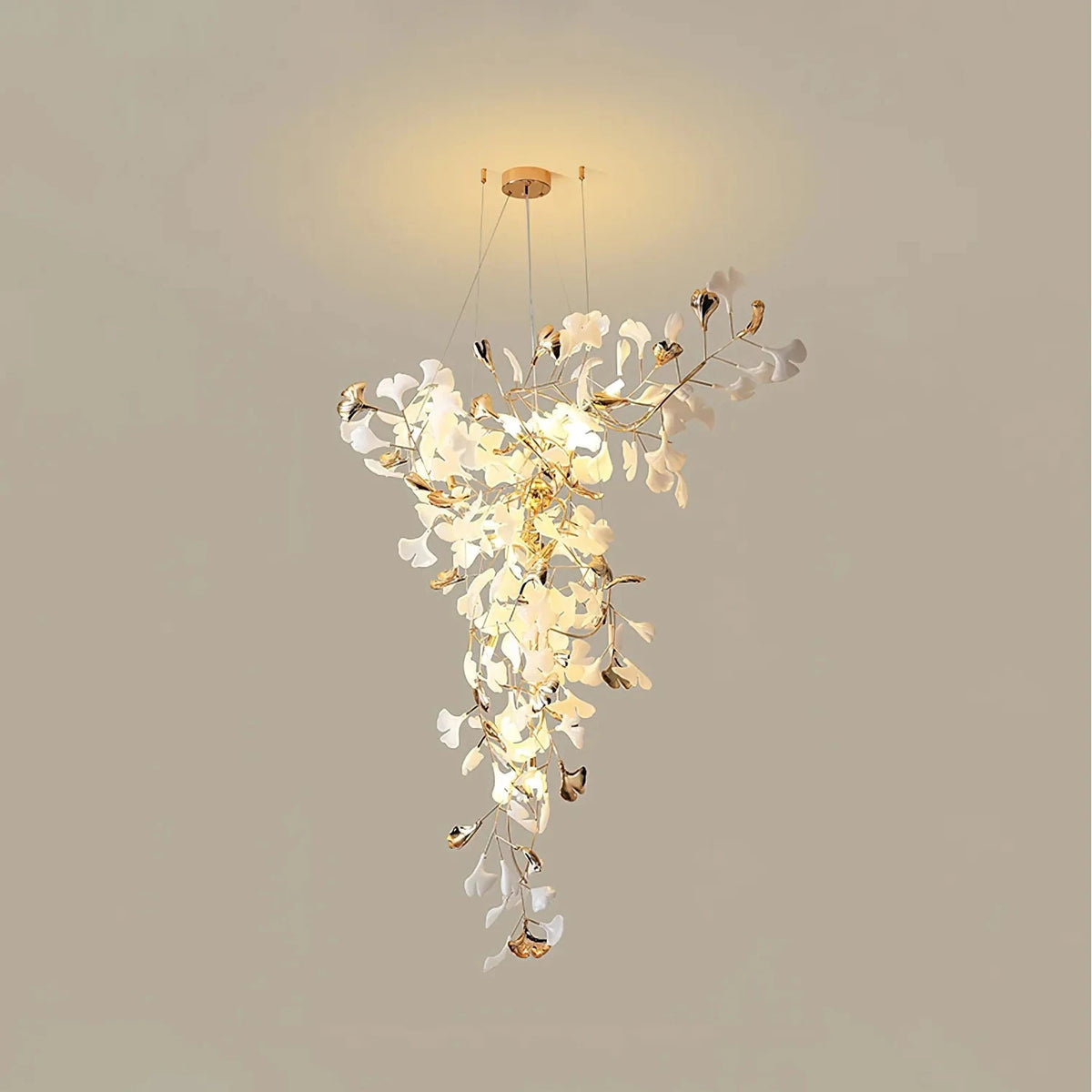 Modern Wabi-Sabi Flowing Leaf Cascading Chandelier light fixture by AUVIELIGHT, L 39.4" x W 23.6" x H 59.1" / White & Gold