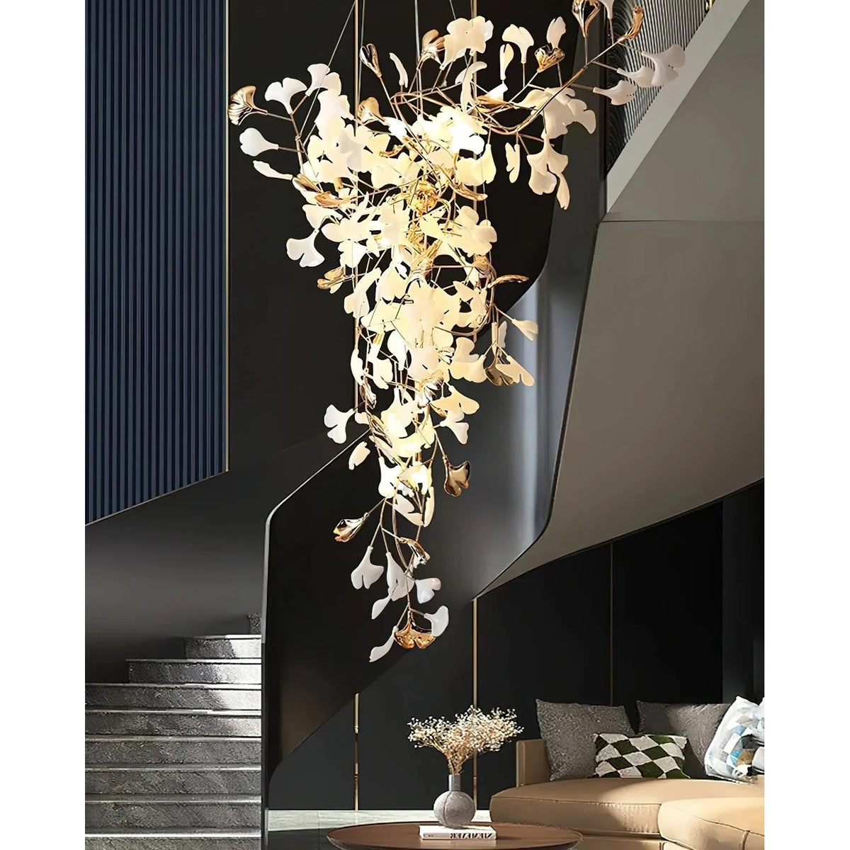 Modern Wabi-Sabi Flowing Leaf Cascading Chandelier light fixture by AUVIELIGHT