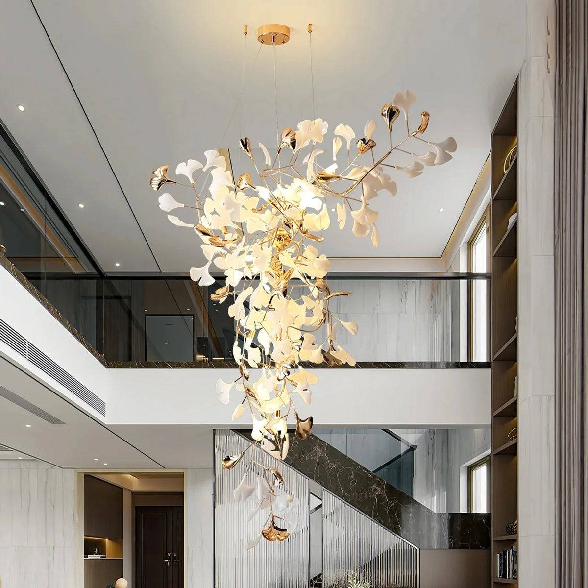 Modern Wabi-Sabi Flowing Leaf Cascading Chandelier light fixture by AUVIELIGHT, L 47.2" x W 25.6" x H 98.4" / White & Gold