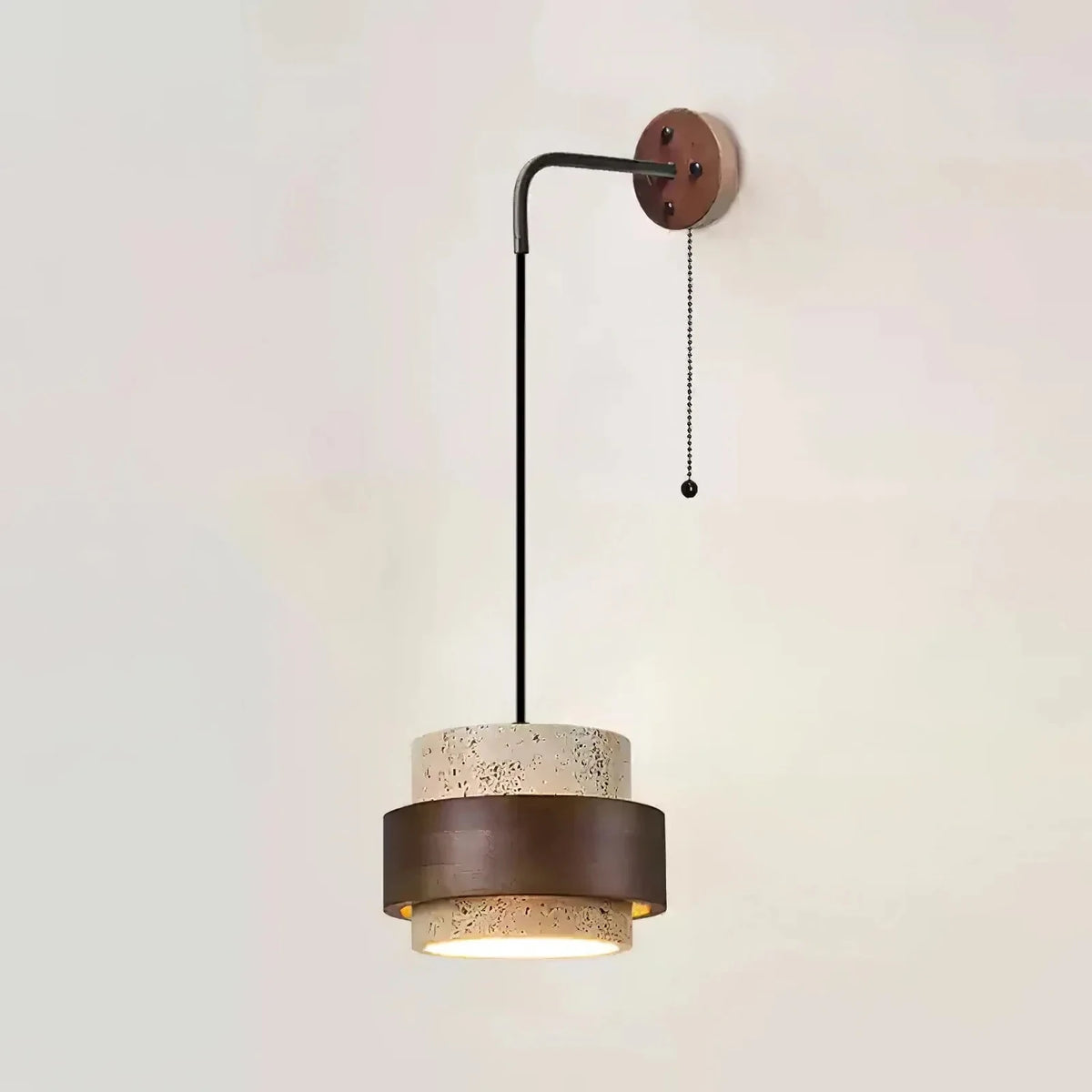 Modern Wall Sconce in travertine for Hallway light fixture by AUVIELIGHT, ∅ 6.7" xH4.9" (Pull chain switch) / Dark walnut & Yellow Travertine