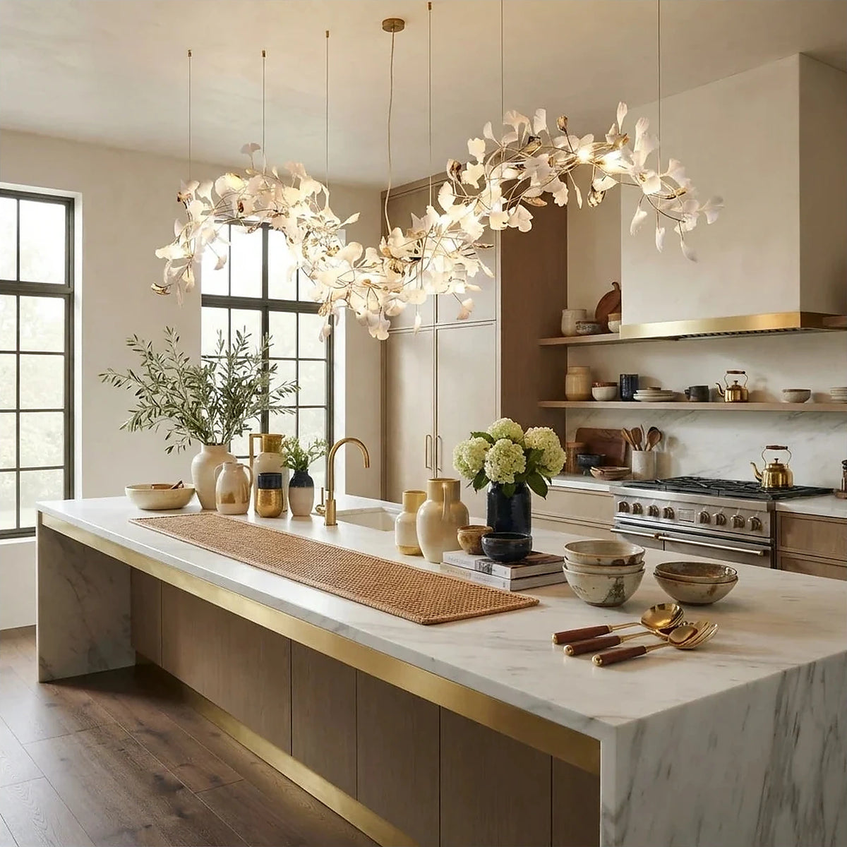 Modern Wave White Ginkgo Leaf Linear Chandelier light fixture by AUVIELIGHT