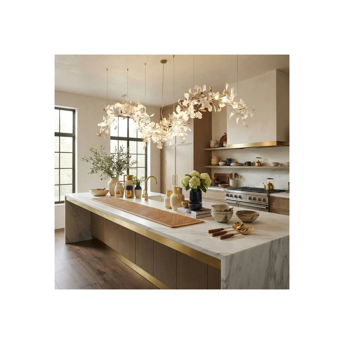 Modern Wave White Ginkgo Leaf Linear Chandelier light fixture by AUVIELIGHT