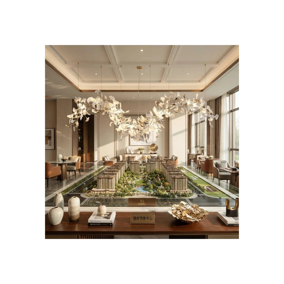 Modern Wave White Ginkgo Leaf Linear Chandelier light fixture by AUVIELIGHT