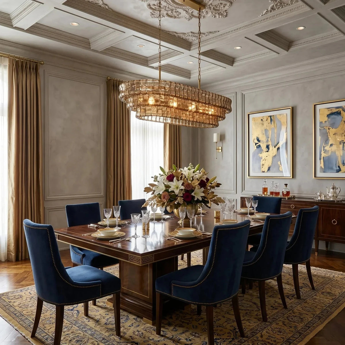 Multi-Tier Oval Chandelier in textured glass for Dining Room light fixture by AUVIELIGHT