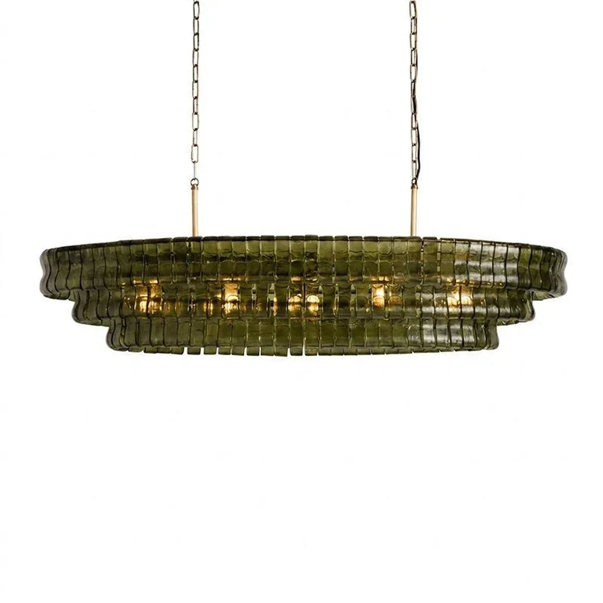 Multi-Tier Oval Chandelier in textured glass for Dining Room light fixture by AUVIELIGHT, L 39.4" x W 15.7" x H 12.6" (3 layers) / Green & Gold