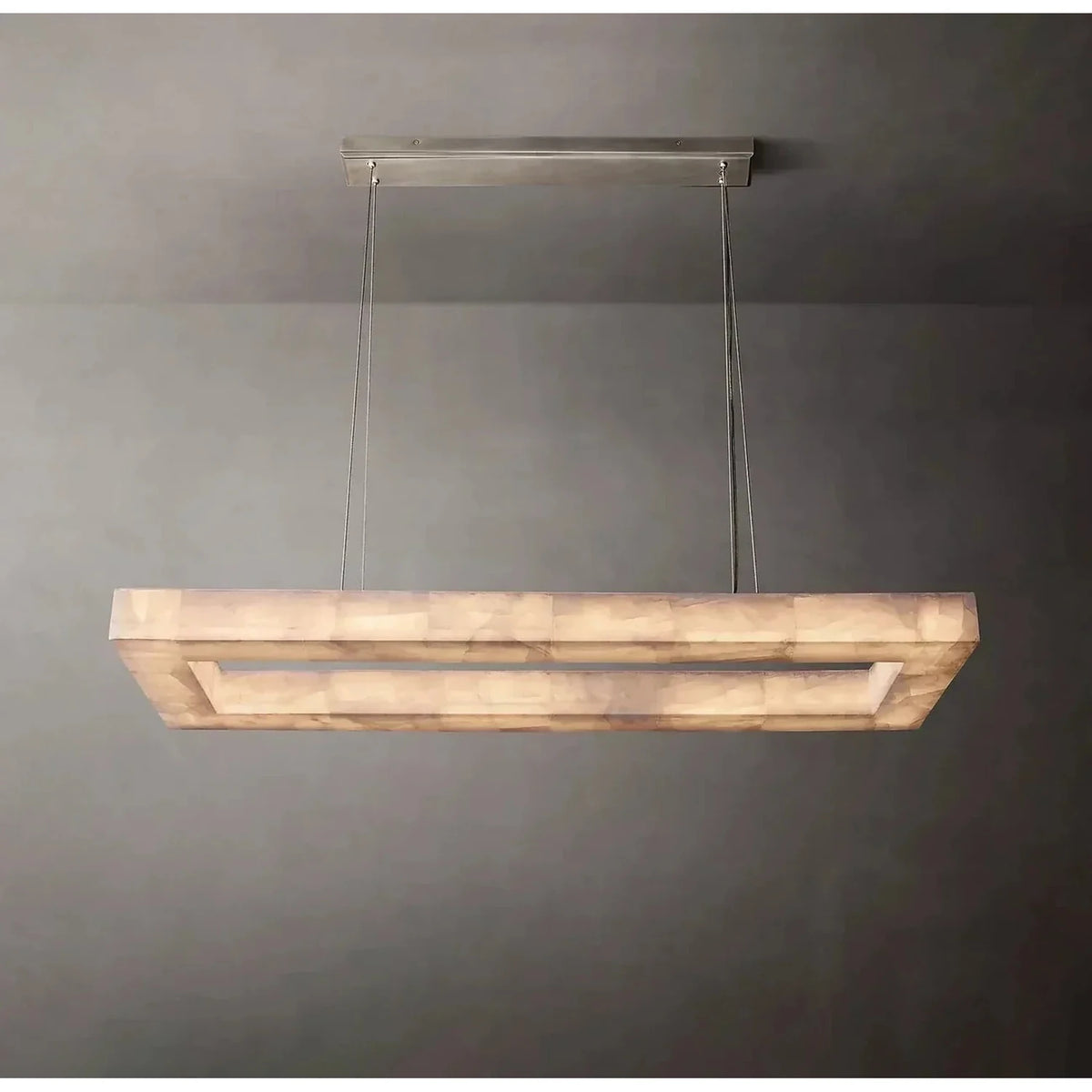 Open Rectangular Pendant Light in alabaster for Kitchen Island by AUVIELIGHT, L 120cm x W 35cm x H 8cm / L 47.2″ x W 13.8″ x H 3.2″ / Silver /