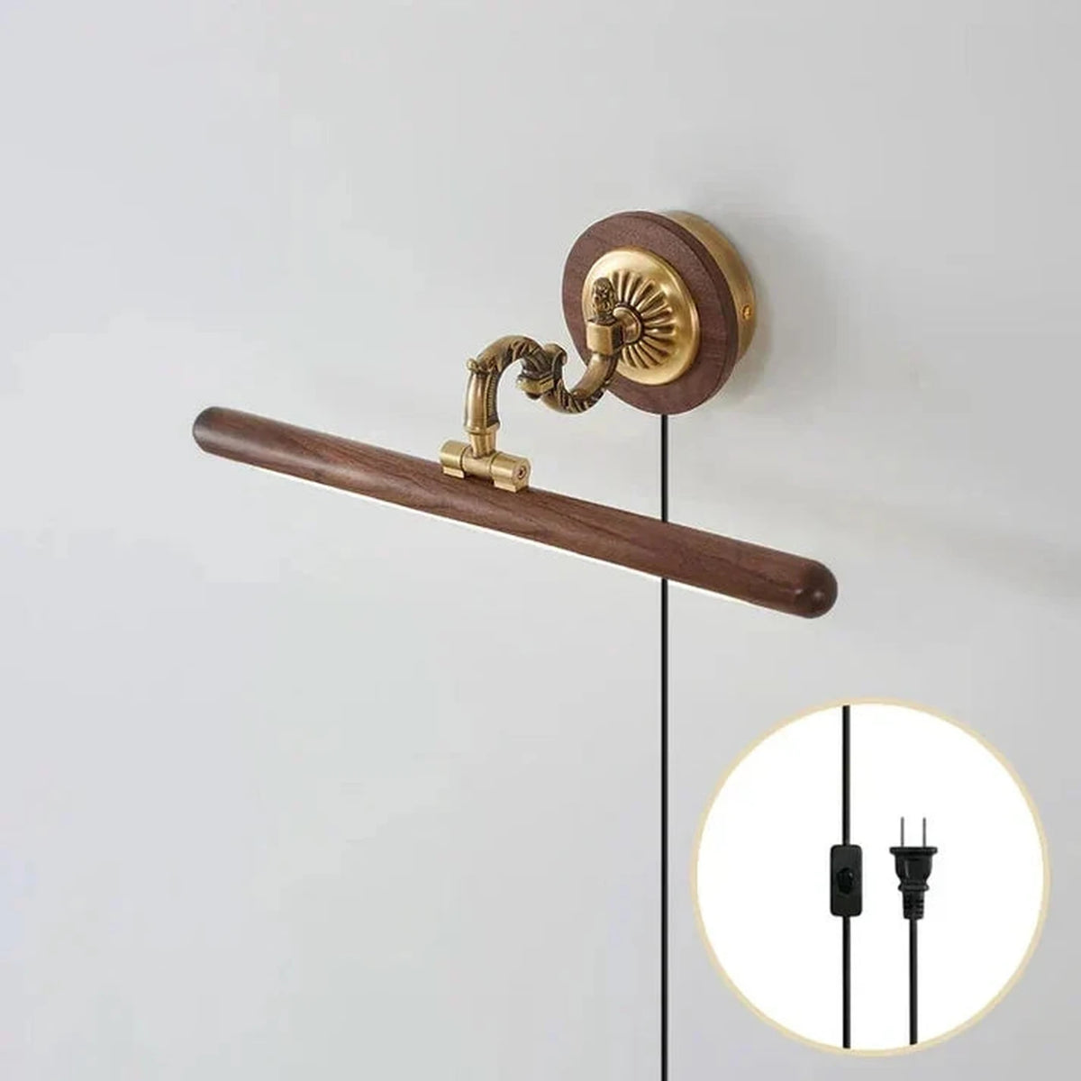 Ornate Picture Light in walnut for Living Room by AUVIELIGHT, L 35cm x W 17cm / L 13.8″ x W 6.7″ / Walnut color & Brass (Warm Light) / AU plug