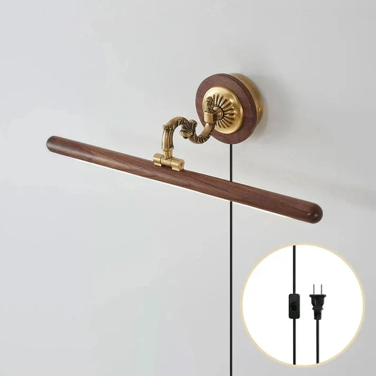 Ornate Picture Light in walnut for Living Room by AUVIELIGHT, L 57cm x W 17cm / L 22.4″ x W 6.7″ / Walnut color & Brass (Warm Light) / AU plug