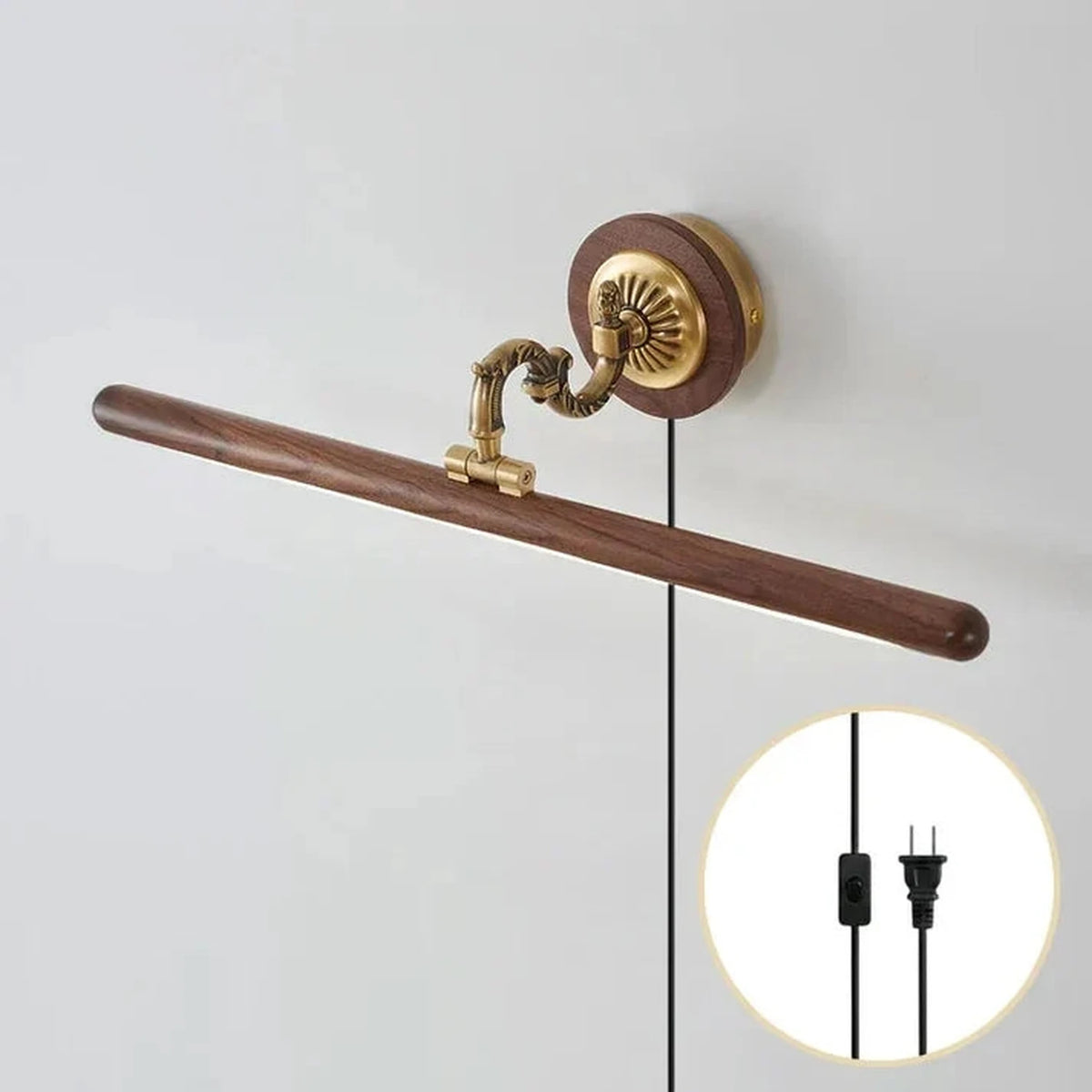Ornate Picture Light in walnut for Living Room by AUVIELIGHT, L 75cm x W 17cm / L 29.5″ x W 6.7″ / Walnut color & Brass (Warm Light) / AU plug