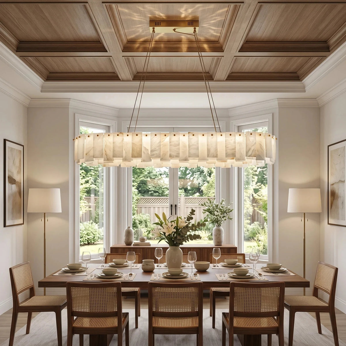 Oval Slat Chandelier in alabaster for Dining Room light fixture by AUVIELIGHT