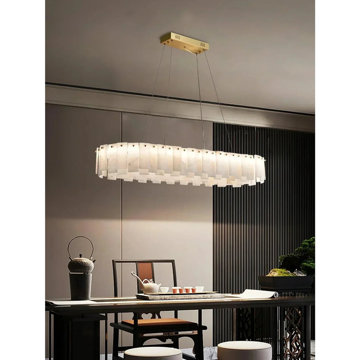 Oval Slat Chandelier in alabaster for Dining Room light fixture by AUVIELIGHT