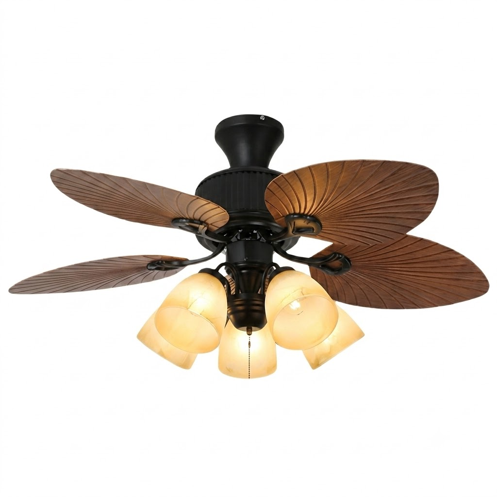 Palma Tropical Ceiling Fan Light for Living Room by AUVIELIGHT, 5 heads ∅ 30"xH6" / Warm Light and 2 other sizes