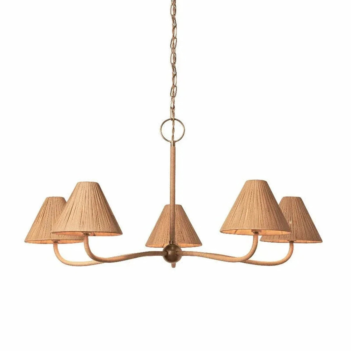 Pleated Chandelier in natural rattan for Dining Room light fixture by AUVIELIGHT, 5 heads D 85cm x H 55cm / ∅ 33.5″ x H 21.7″ / Beige