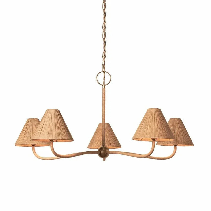 Pleated Chandelier in natural rattan for Dining Room light fixture by AUVIELIGHT, 5 heads D 85cm x H 55cm / ∅ 33.5″ x H 21.7″ / Beige