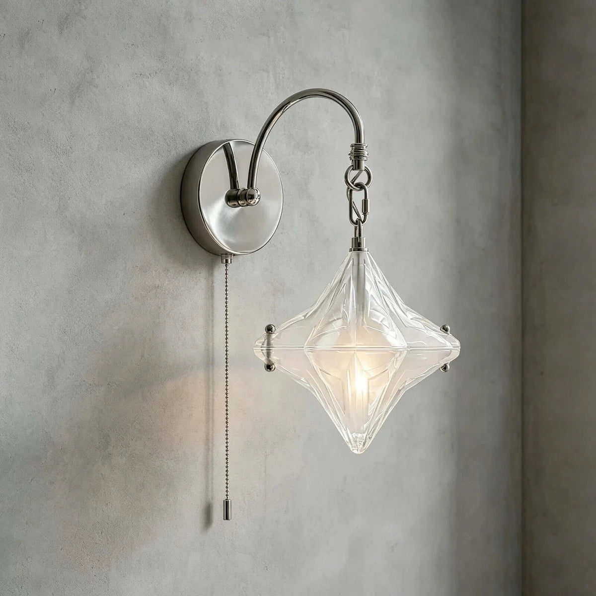 Pull-Chain Diamond Wall Sconce in glass for Hallway by AUVIELIGHT, Dia 23cm x H 37cm / ∅ 9.1″ x H 14.6" / Chrome