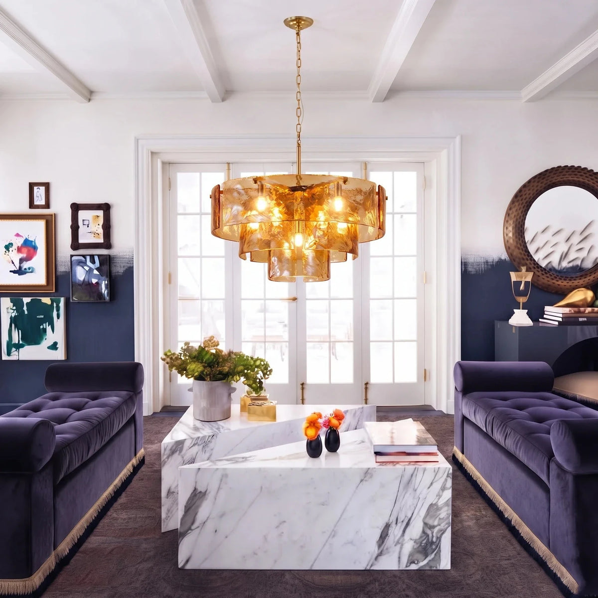 Ripple Tiered Chandelier in amber glass for Dining Room by AUVIELIGHT