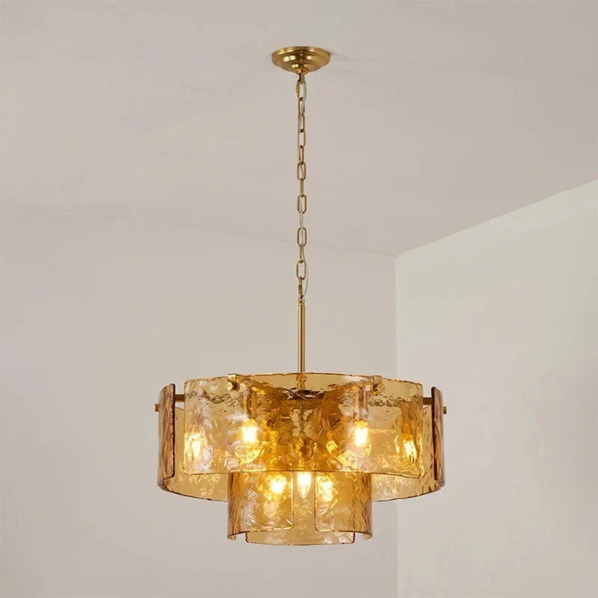 Ripple Tiered Chandelier in amber glass for Dining Room by AUVIELIGHT, ∅ 23.6″ x H 13.8″ / Amber & Gold
