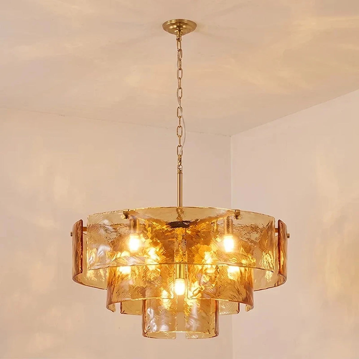 Ripple Tiered Chandelier in amber glass for Dining Room by AUVIELIGHT, ∅ 31.5″ x H 15.7″ / Amber & Gold