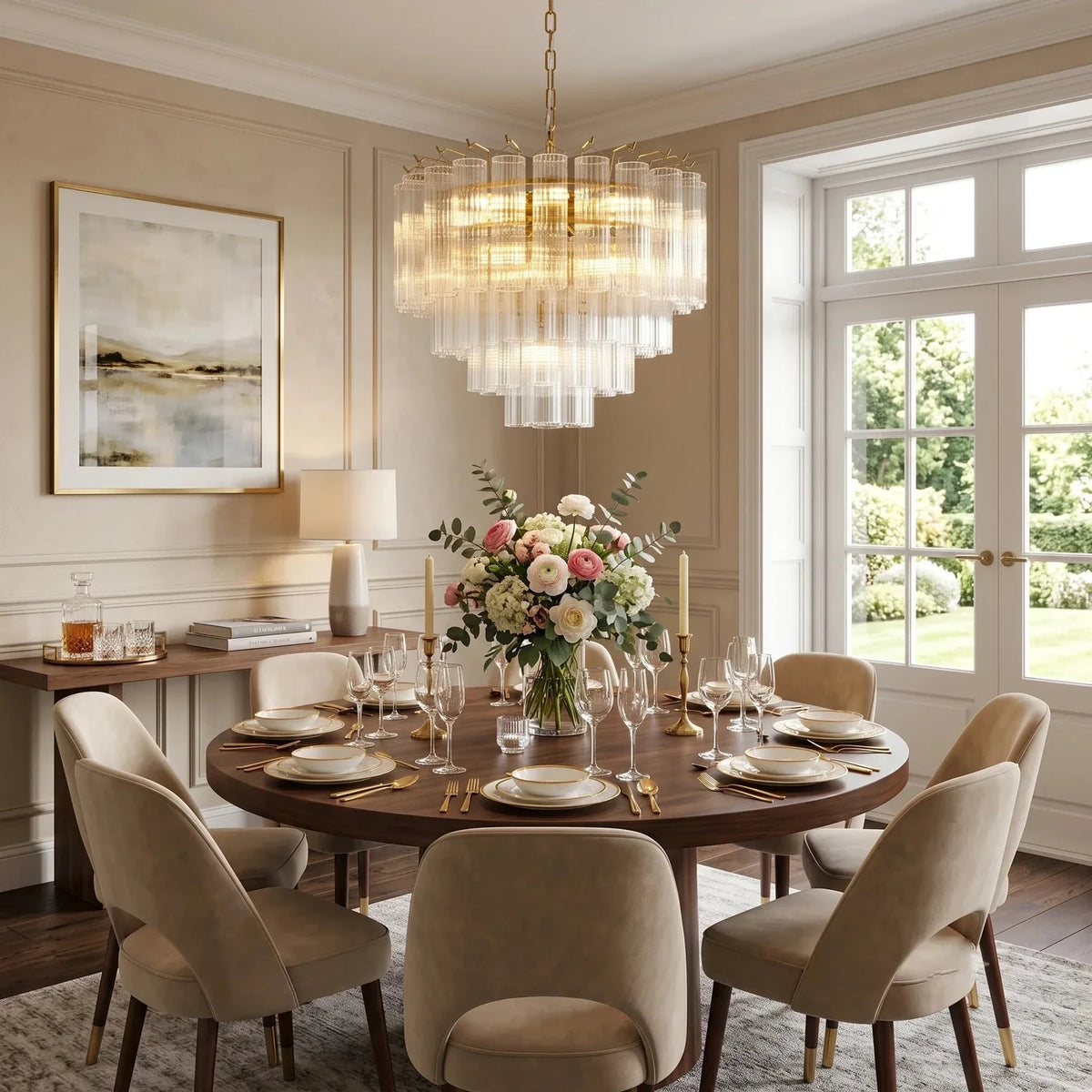 Rod Fluted Chandelier in glass for Dining Room by AUVIELIGHT