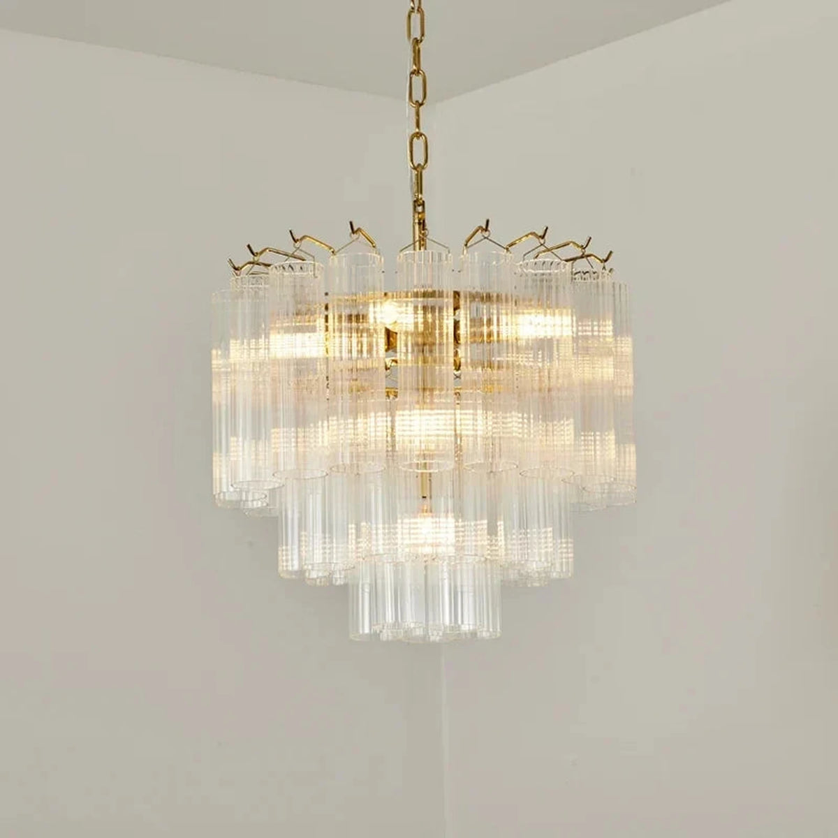 Rod Fluted Chandelier in glass for Dining Room by AUVIELIGHT, ∅ 19.7″ x H 16.5″ / Clear & Gold