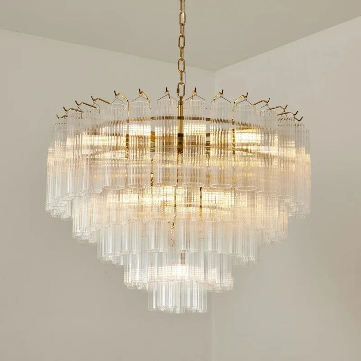 Rod Fluted Chandelier in glass for Dining Room by AUVIELIGHT, ∅ 31.5″ x H 22.8″ / Clear & Gold