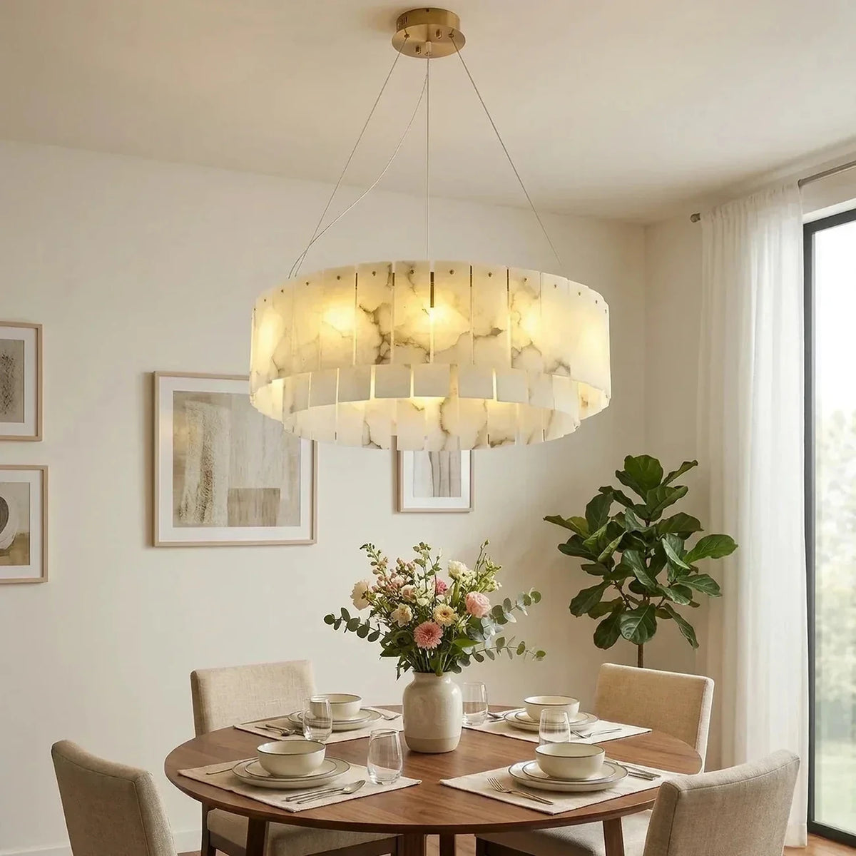 Round Layered Chandelier in alabaster for Dining Room by AUVIELIGHT, Dia 80cm x H 22cm / L 31.5″ x H 8.7″ / Gold + White