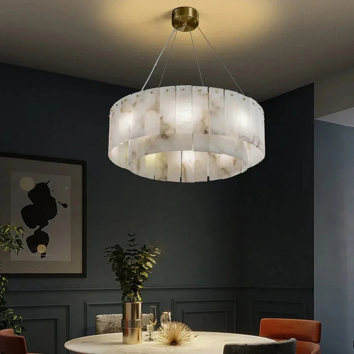 Round Layered Chandelier in alabaster for Dining Room by AUVIELIGHT, Dia 60cm x H 22cm / L 23.6″ x H 8.7″ / Gold + White