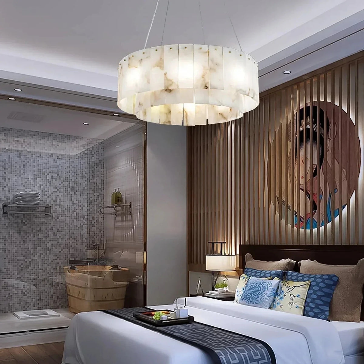 Round Layered Chandelier in alabaster for Dining Room by AUVIELIGHT, Dia 100cm x H 22cm / L 39.4″ x H 8.7″ / Gold + White