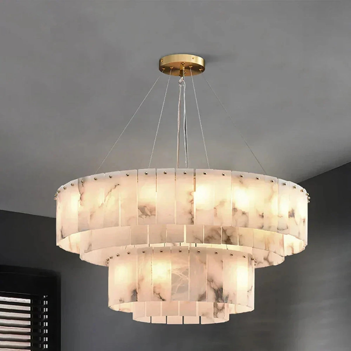 Round Layered Chandelier in alabaster for Dining Room by AUVIELIGHT, Dia 100cm + 60cm x H 22cm / L 39.4″ + L 23.6″ x H 8.7″ / Gold + White