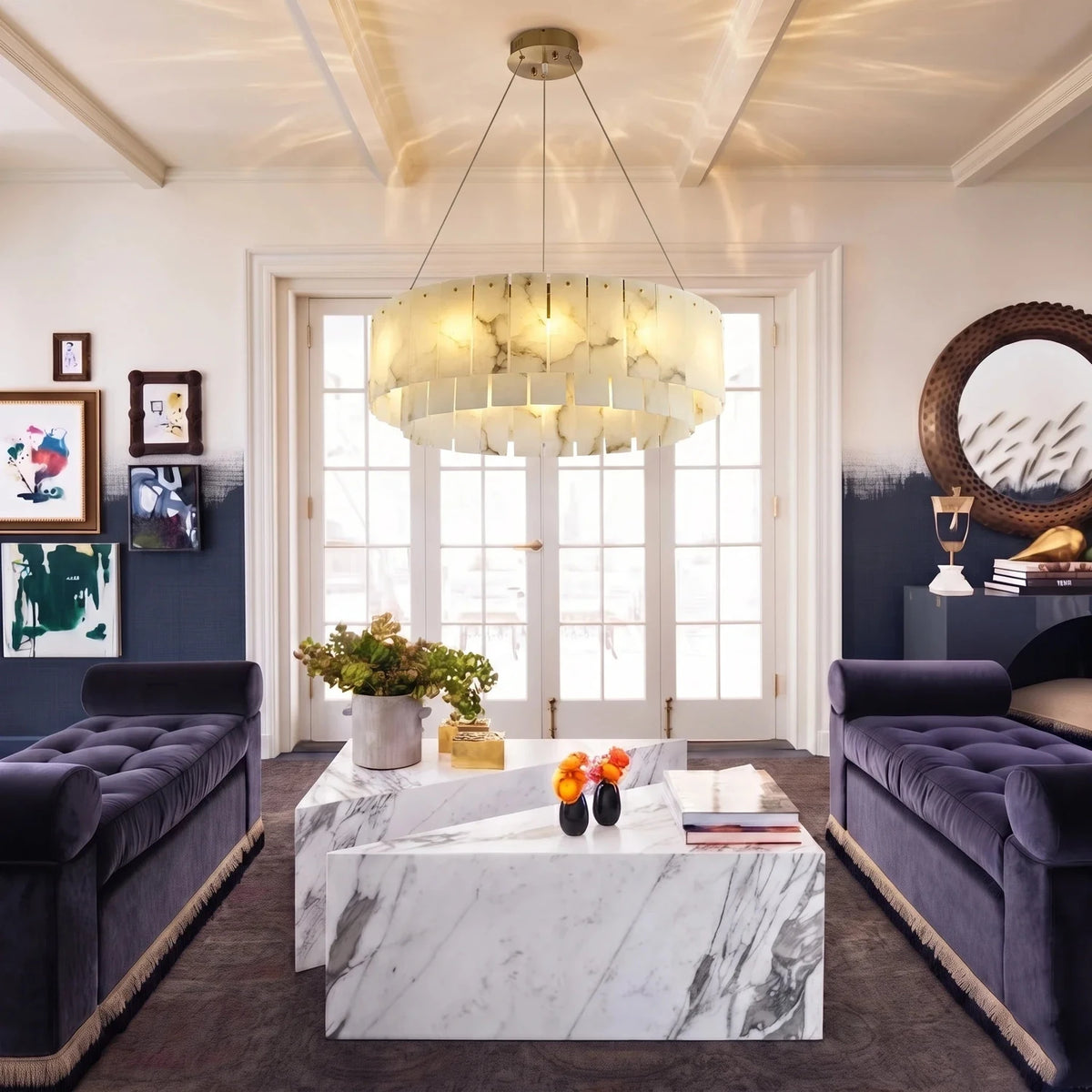 Round Layered Chandelier in alabaster for Dining Room by AUVIELIGHT