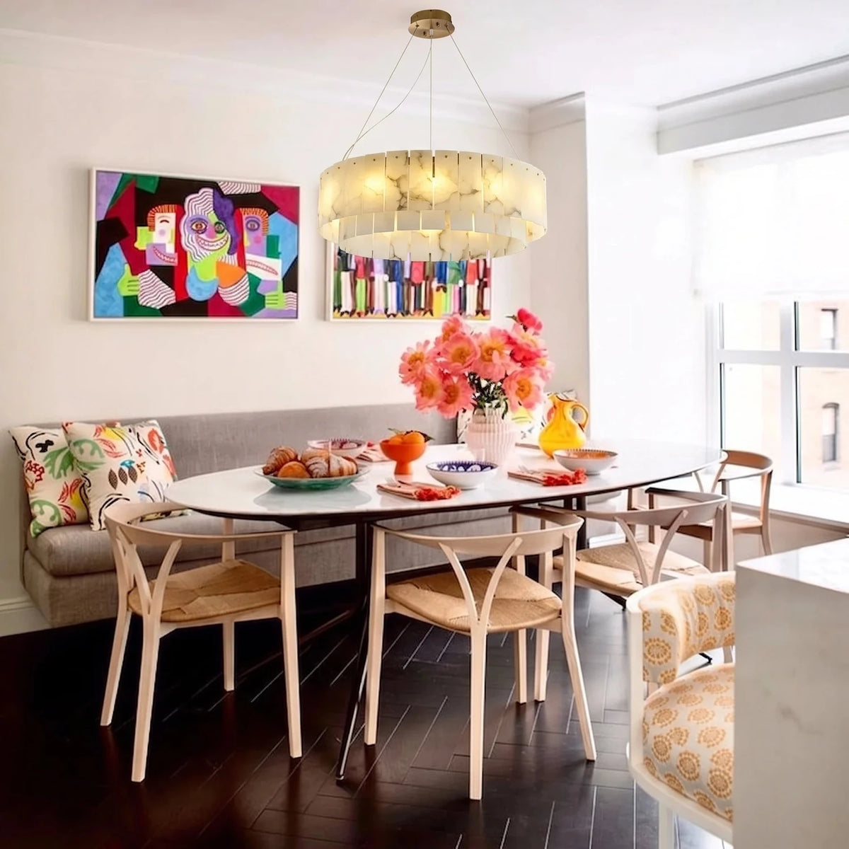 Round Layered Chandelier in alabaster for Dining Room by AUVIELIGHT