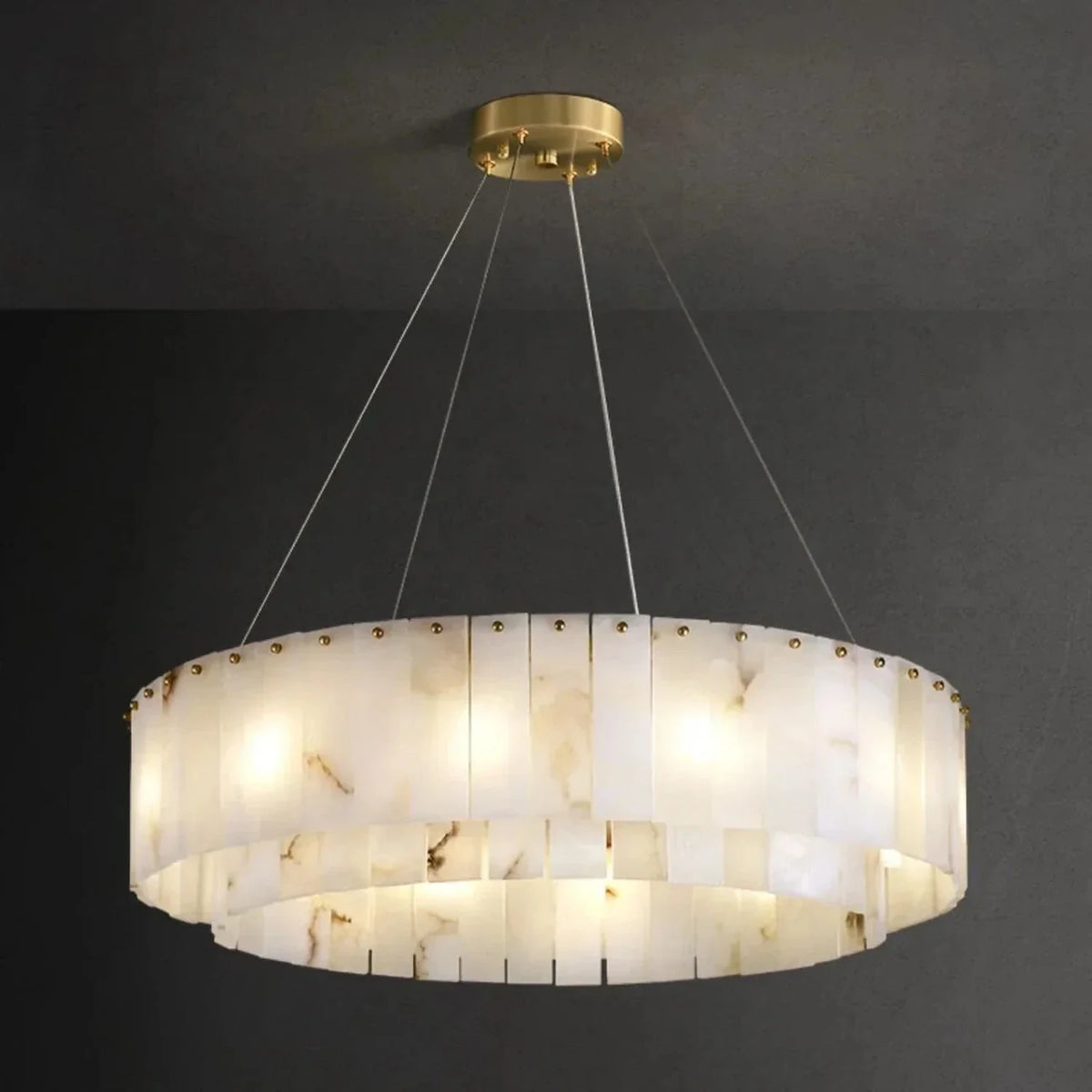 Round Layered Chandelier in alabaster for Dining Room by AUVIELIGHT, Dia 135cm x H 22cm / L 53.1″ x H 8.7″ / Gold + White