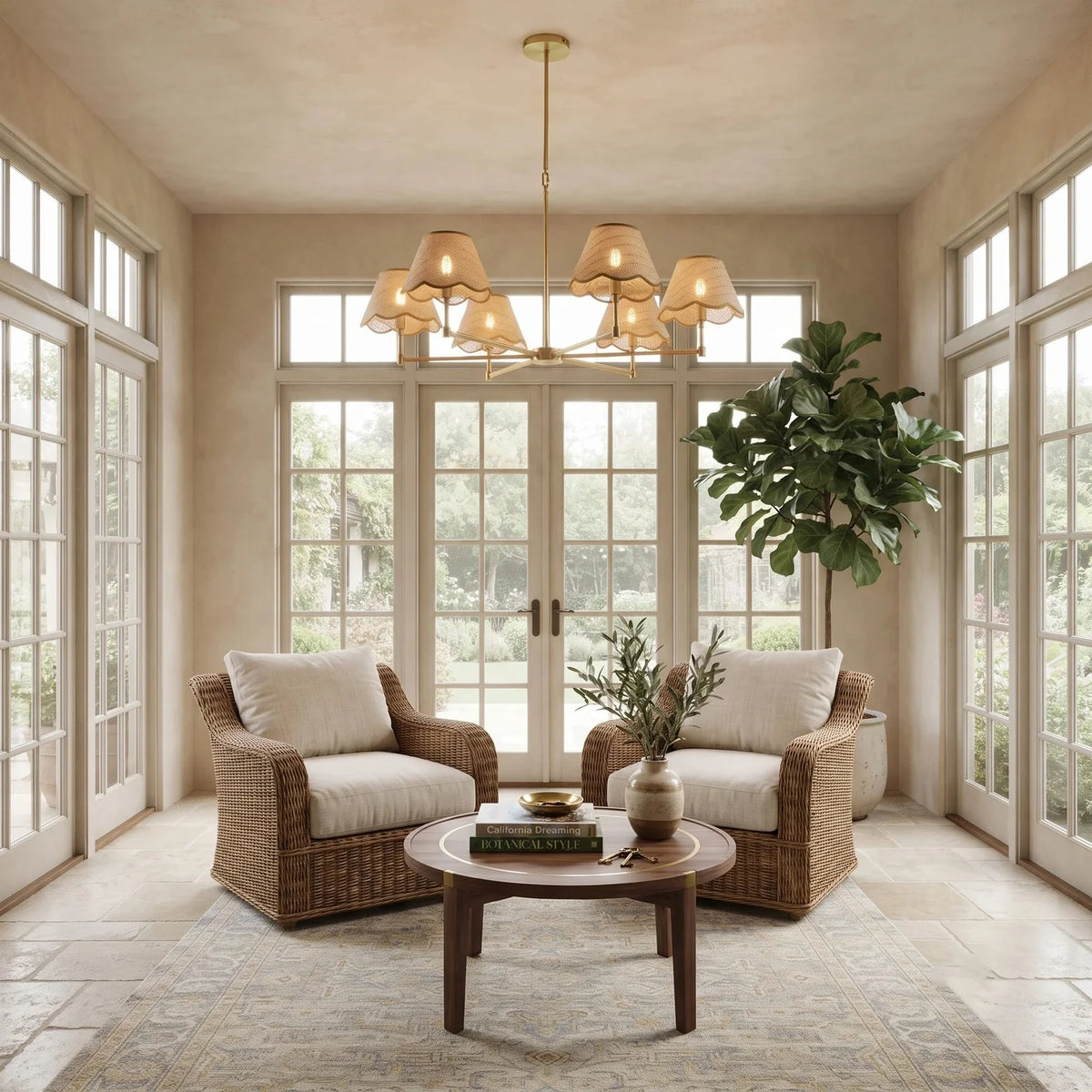 Scalloped Chandelier in rattan for Dining Room light fixture by AUVIELIGHT