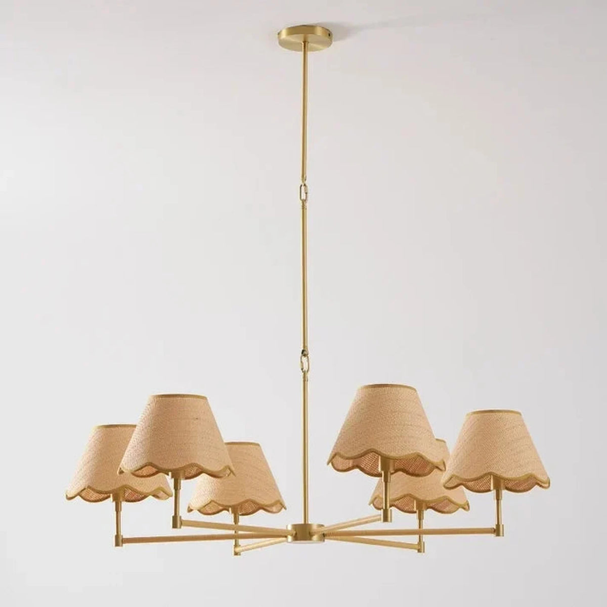 Scalloped Chandelier in rattan for Dining Room light fixture by AUVIELIGHT, 6 heads D 104cm x H 36cm / ∅ 40.9″ x H 14.2″ / Brass & Rattan color