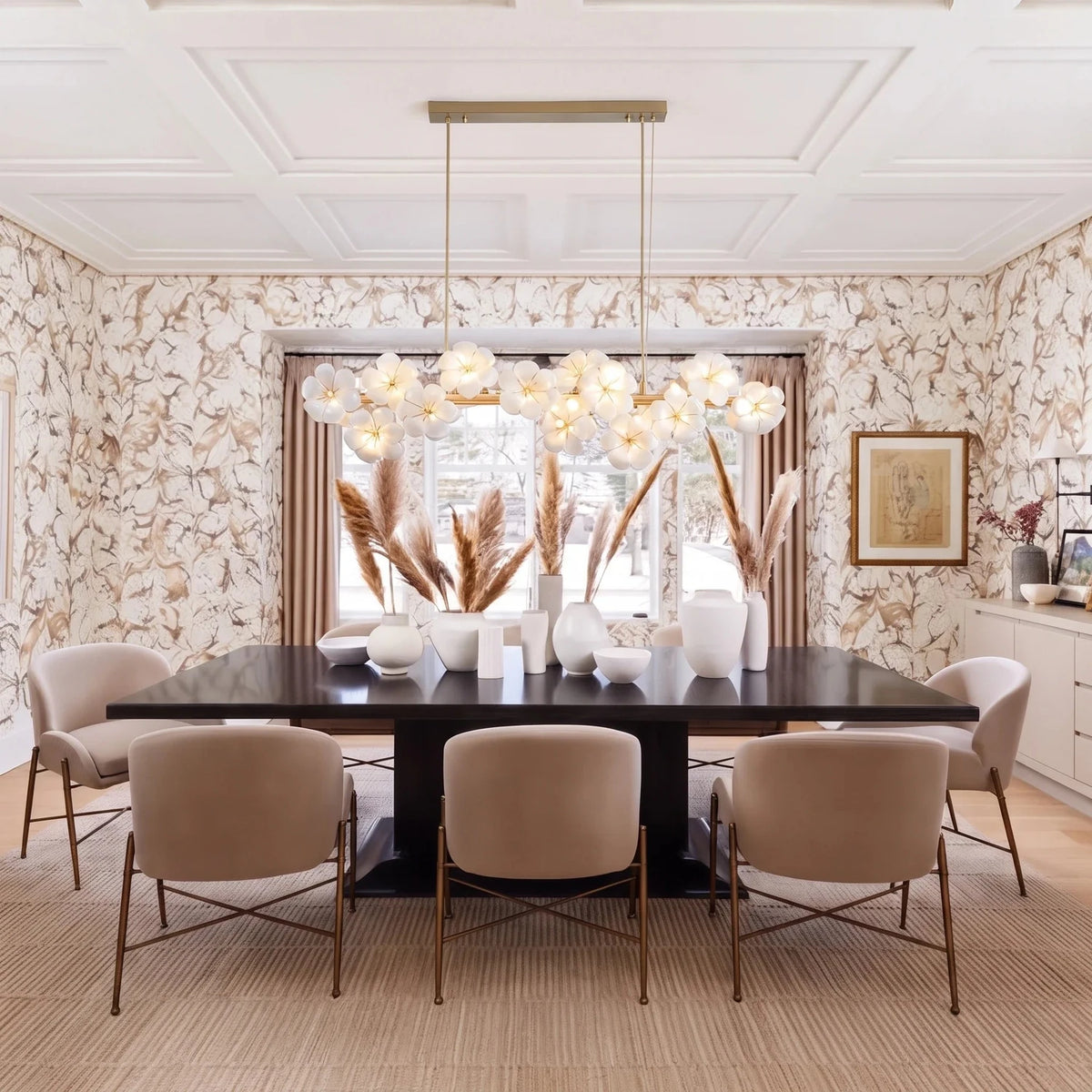 Sculptural Blossom Linear Chandelier in white ceramic for Dining Room by AUVIELIGHT