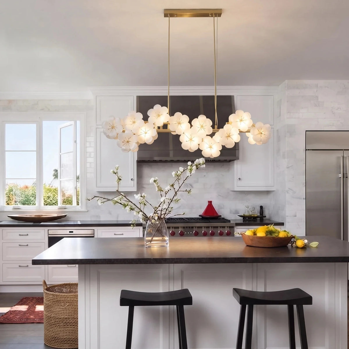 Sculptural Blossom Linear Chandelier in white ceramic for Dining Room by AUVIELIGHT