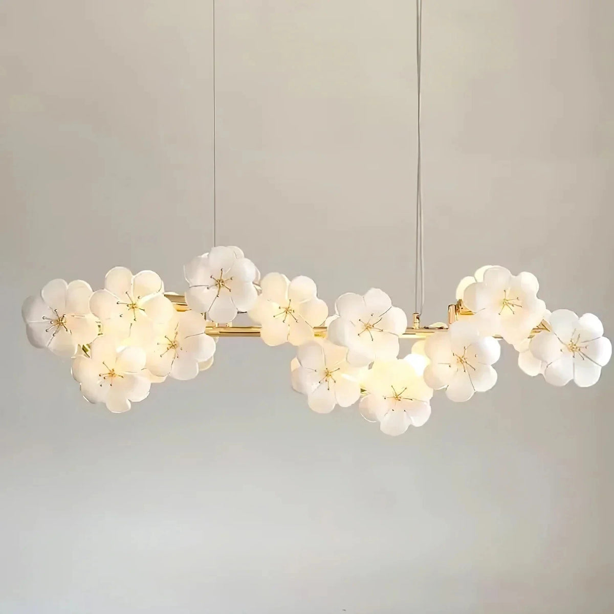 Sculptural Blossom Linear Chandelier in white ceramic for Dining Room by AUVIELIGHT, L 100cm x H 32cm / L39.3" x H 12.6" / Gold & White / Warm