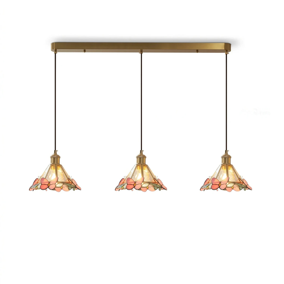 Sculptural Butterfly Linear Pendant Light in stained glass for Kitchen Island by AUVIELIGHT, L 27.6" x H 59" / Gold & Pink
